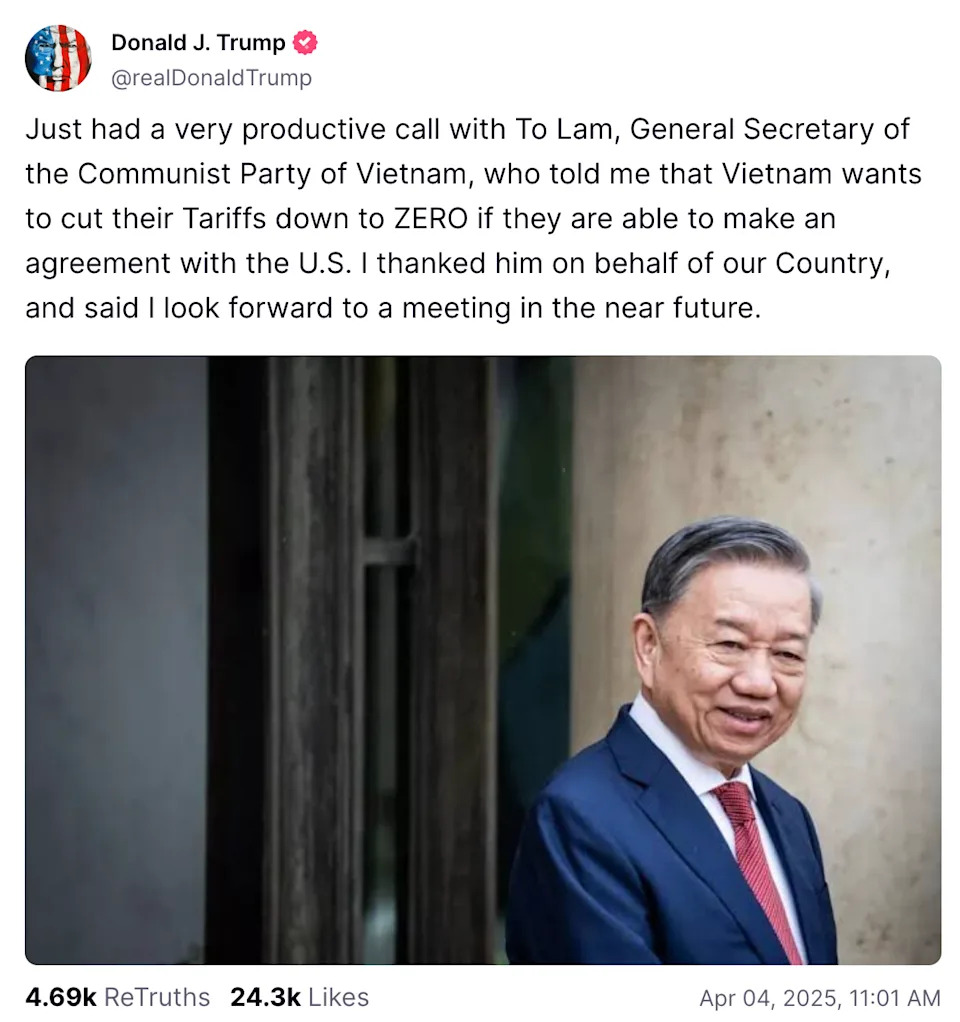 Trump says 'perfect time' for Powell to cut rates as markets plummet after shocking tariff announcements